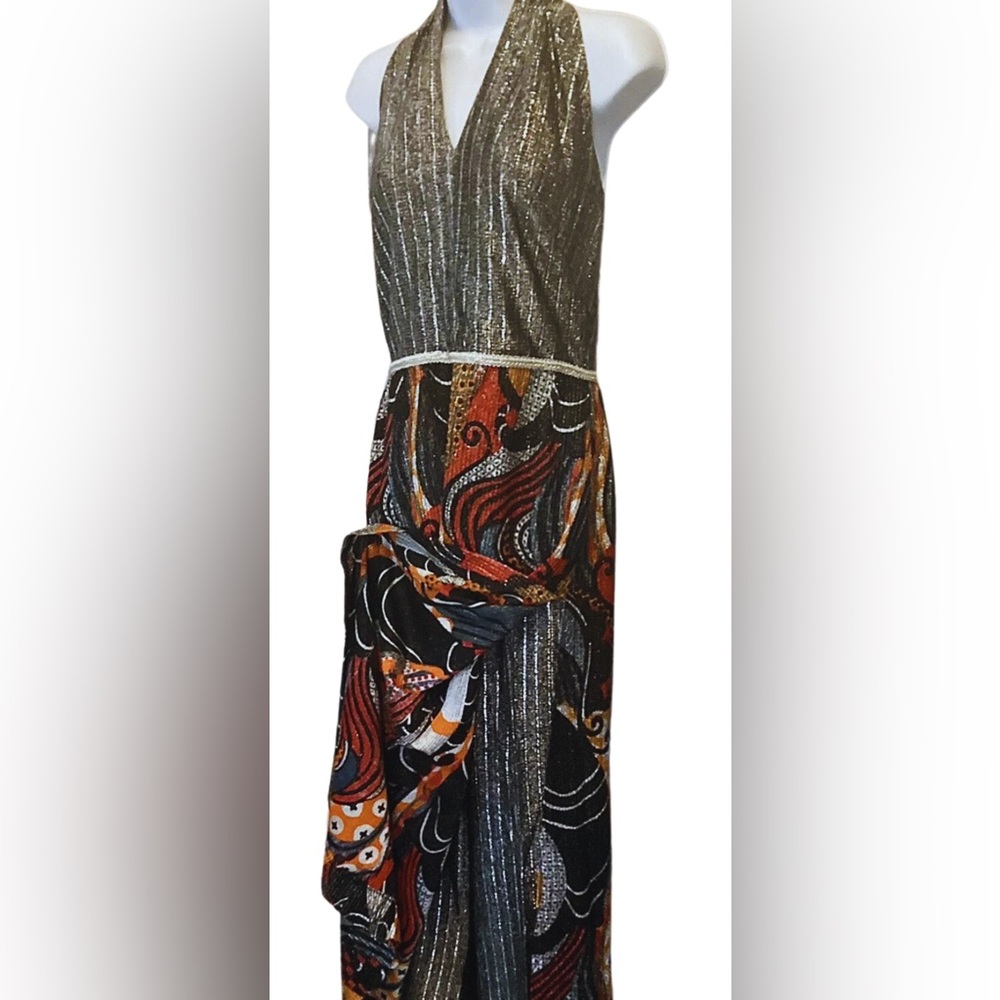 VINTAGE ‘70s Sz 12 Modern 8 Halter Dress/Pants Psychedelic/Silver DISCO-FABULOUS